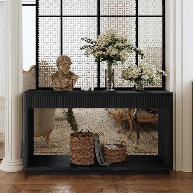Wood Console Table, 59.8" Retro Long Sofa Table Behind Couch with 2 Fluted Drawers, Farmhouse Wooden Narrow Sofa Table Hall Table for Living Room Foyer Entrance Entryway, Black