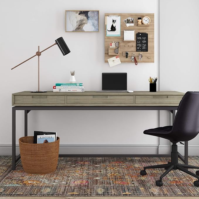 SIMPLIHOME Banting Desk - 72 Inch Wide Solid Wood and Metal Writing Desk in Distressed Grey, Modern Industrial Home Office Computer Table for Study with 2 Drawers and Flip-Down Keyboard Tray