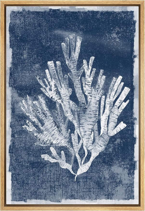 MUDECOR Framed Canvas Print Wall Art Faded White Underwater Coral Nature Wilderness Illustrations Modern Art Nautical Relax/Calm Blue Ultra for Living Room, Bedroom, Office - 24"x36" Natural