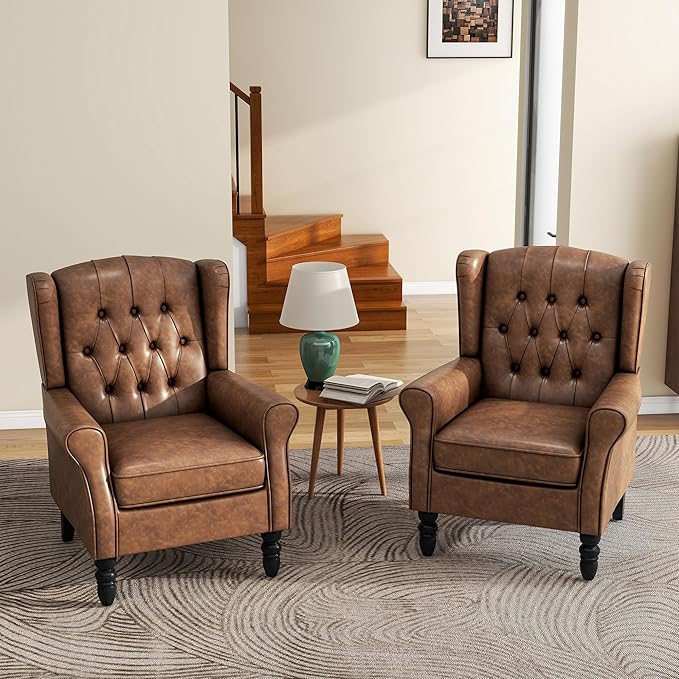 Faux Leather High Back Accent Chairs Set of 2, Leather Upholstered Armchair Wingback Chair for Living Room, Comfy Single Sofa Bedroom Reading Seat with Solid Wood Legs, Brown