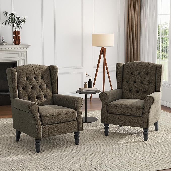 High Back Accent Chairs Set of 2, Upholstered Armchair Wingback Arm Chair for Living Room, Comfy Single Sofa Solid Wood Legs Bedroom Reading Seat - Taupe Tan