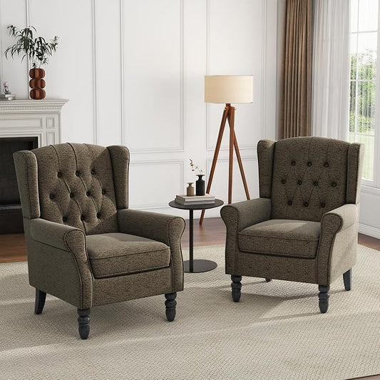 High Back Accent Chairs Set of 2, Upholstered Armchair Wingback Arm Chair for Living Room, Comfy Single Sofa Solid Wood Legs Bedroom Reading Seat - Taupe Tan