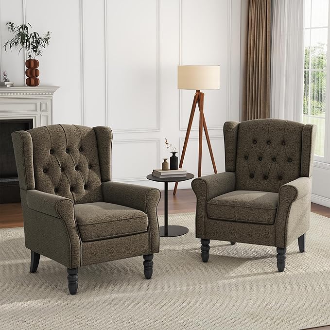High Back Accent Chair, Fabric Upholstered Armchair Wingback Chair for Living Room, Comfy Single Sofa Bedroom Reading Seat with Solid Wood Legs - Taupe