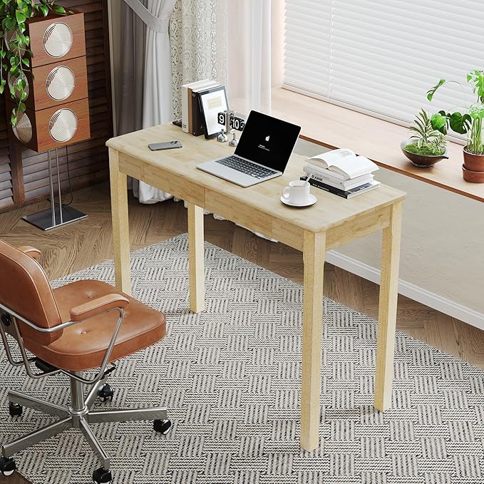 Solid Wood Desk with Drawers - 39" Narrow Desks for Small Spaces, Mid Century Modern Desks, Small Wooden Vintage Computer Writing Desk, Study Table for Home Office Bedroom, Natural