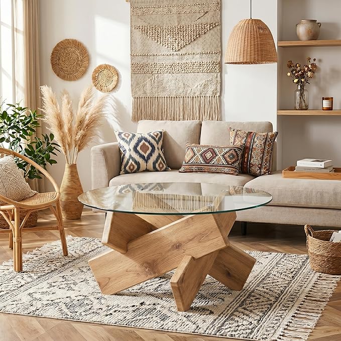 Circle Coffee Table, 33.4" Round Glass Coffee Table for Living Room, Mid Century Modern Center Table with Rustic Wood Crossed Legs, Glass Top Cocktail Table