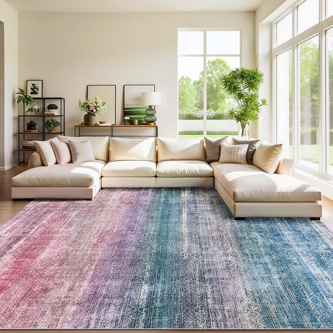 Kokia Abstract Area Rugs 10x14 Bedroom Washable Decor Low Pile Fluffy Non-Slip Non-Shedding Indoor Red Carpet Foldable Stain Resistant Floor Mat Living Room Dining Room, Peony Blue