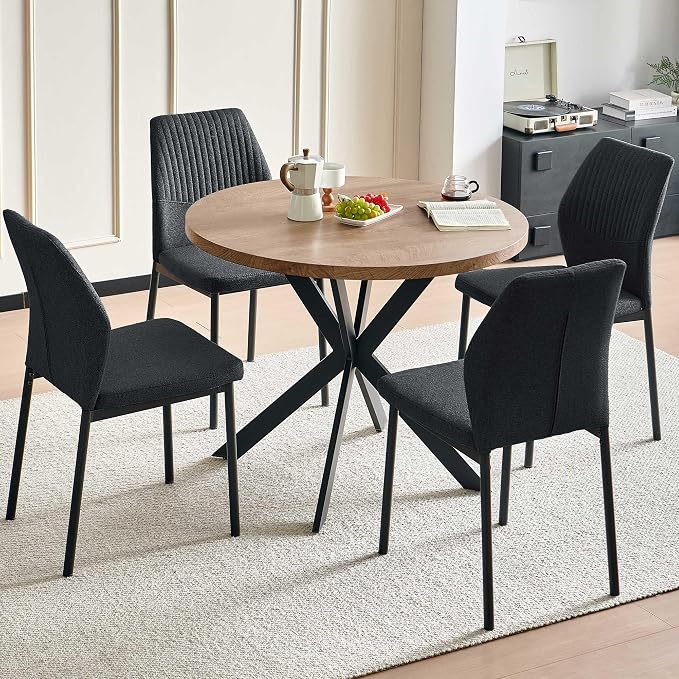 37" Round Dining Table Set for 4, Mid Century Modern Small Coffee Set for Dining Room Kitchen Apartment (Walnut Table + 4 Linen Fabric Black Chairs)