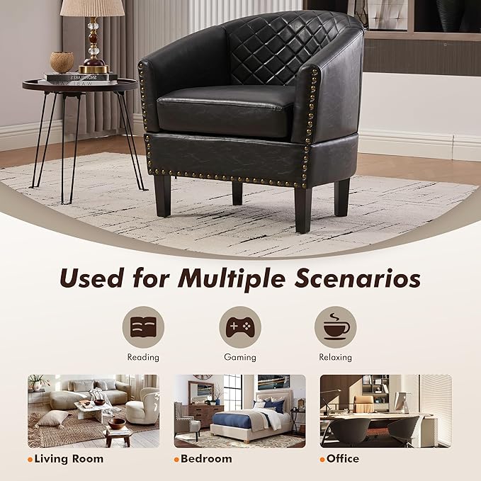 QQU Barrel Accent Chair, Retro PU Leather Club Chair with Nail-Heads, Upholstered Armchair for Living Room, Bedroom, Waiting, Office (Black)