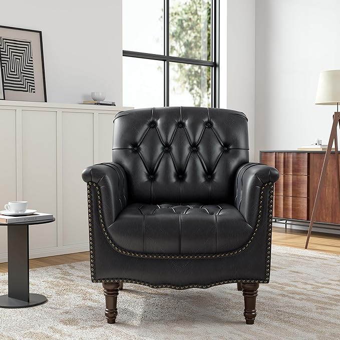 Faux Leather Club Chair, Retro Upholstered Armchair Accent Chair with Solid Wood Legs & Nailhead Trim for Living Room, Bedroom, Reading Room, Blue Black