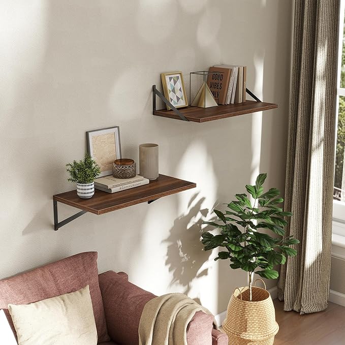 Deep Floating Shelves Wall Mounted, 24"x12" Walnut Wall Shelves with Brackets Set of 2 for Bedroom, Living Room, Bathroom, Kitchen, Office - Storage & Display Shelf for Decor, Books, Plants