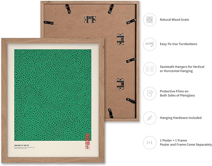 Poster Master Vintage Poster - Retro Pop Art Print - Gift for Artist, Friend - Infinity Nets, Japanese, Green, Modern, Abstract - Wall Decor for Home, Office, 11x14 Beige Framed