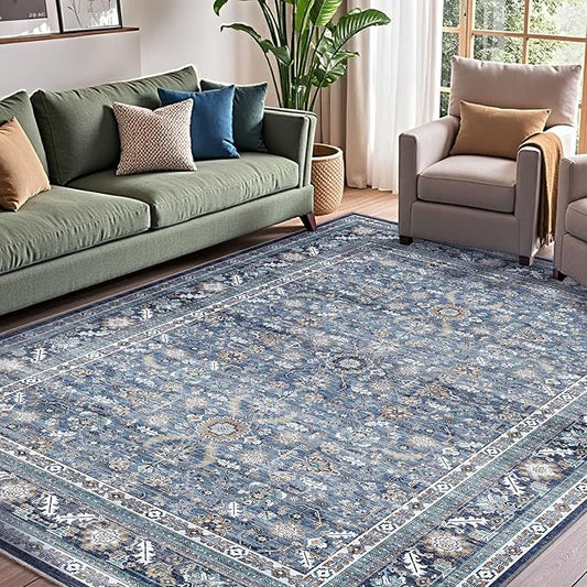 OPPODREAM Vintage Blue Area Rugs 5x7, 5 x 7 Retro Washable Rug Non Slip, Low-Pile Faux Wool Carpet, Distressed Navy Floor Mat for Living Room, Bedroom, Kitchen, Office, Dorm, Dinning Room