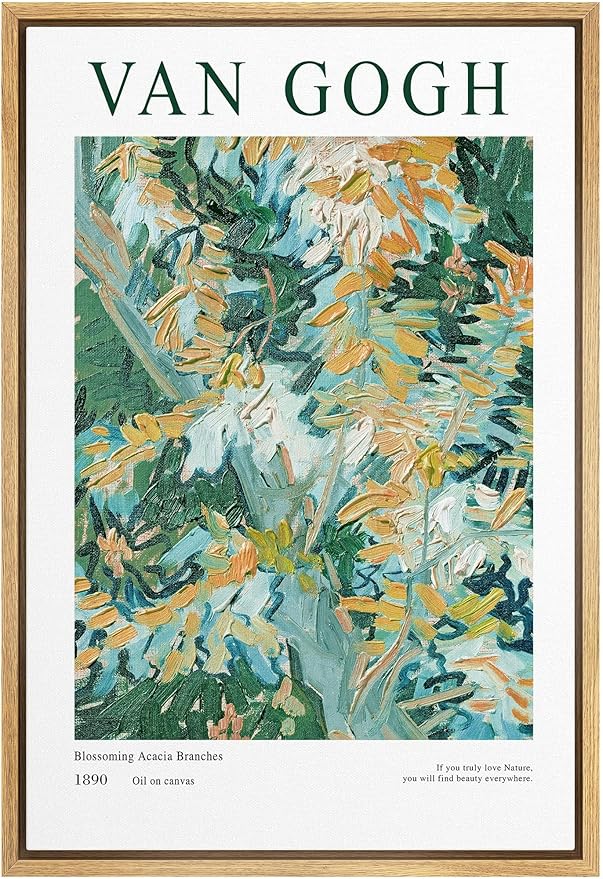 SIGNLEADER Framed Canvas Print Wall Art Blossoming Acacia Branches Floral Plants Illustrations Expressionism Chic Relax/Calm Multicolor for Living Room, Bedroom, Office - 16"x24" NATURAL