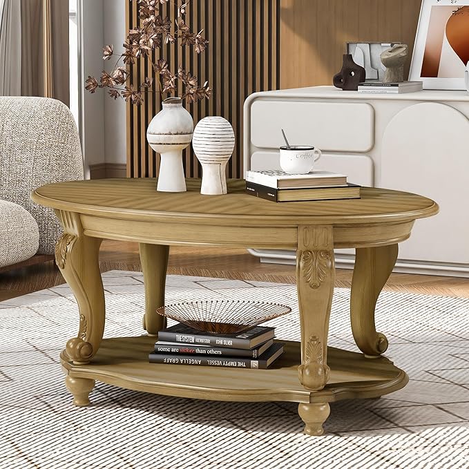 42'' Oval Wood Coffee Table for Living Room, Mid Century Farmhouse Round Coffee Tables for Apartment, Easy Assembly Traditional Coffee Table Centre Table Retro Cocktail Table, Antique Natural