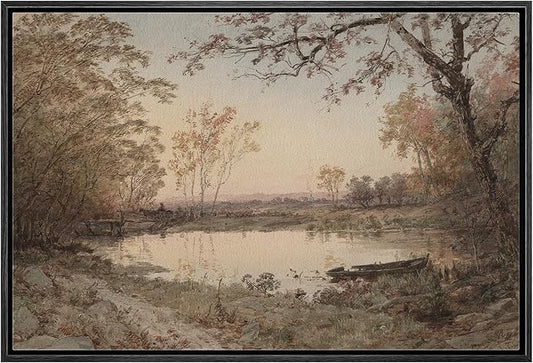 MUDECOR Framed Canvas Print Wall Art Rustic Country Farmhouse Forest Lake Nature Wilderness Antique Retro Fine Art Shapes Illustrations Decorative Colorful Multicolor for Bedroom - 16"x24" Black
