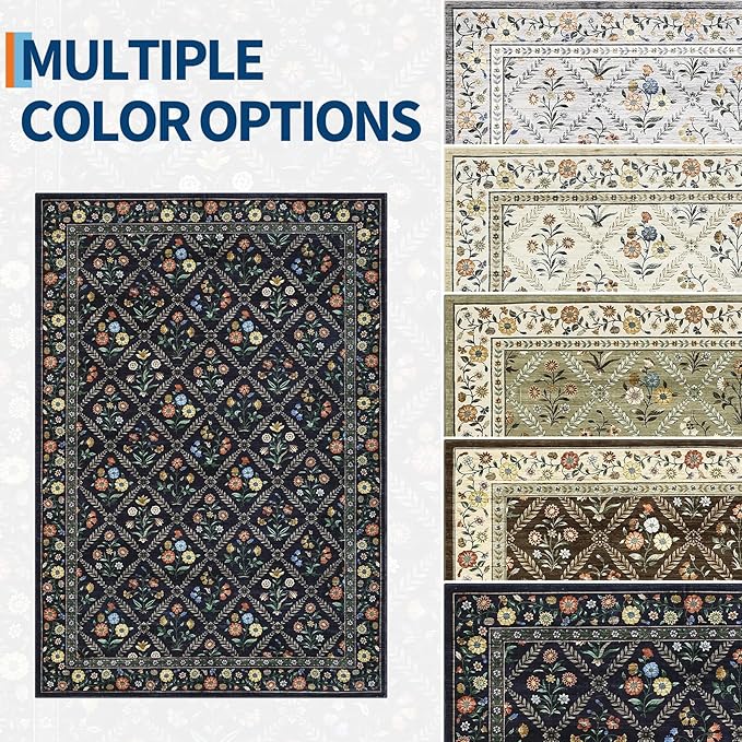 GarveeHome Large Area Rugs 10x13 Washable Rug for Spring Farmhouse Floral Carpet Navy&Black Soft Non Slip Low Pile Faux Wool Stain Resistant for Bedroom Kitchen Bathroom Laundry