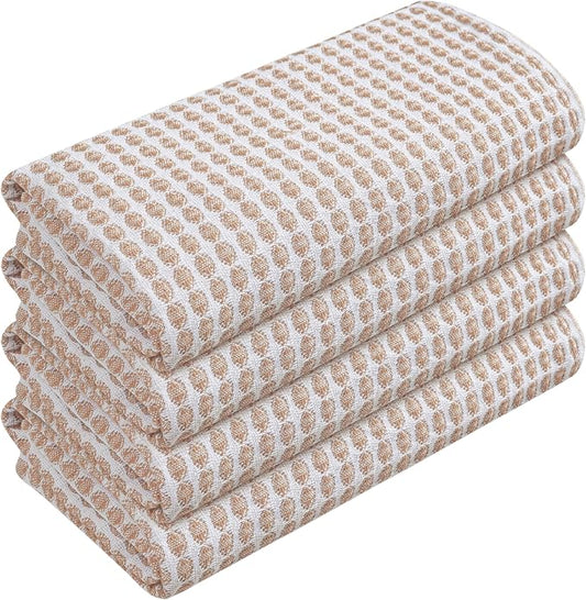 TWINY threads Circle Waffle Dish Towels 4 Pack, 16x26 Inches, 100% Cotton, Heavy Duty, Absorbent Dishcloth Set, Perfect for Drying Dishes for Kitchen, Rustic Homes, Embroidery, General Use, Beige