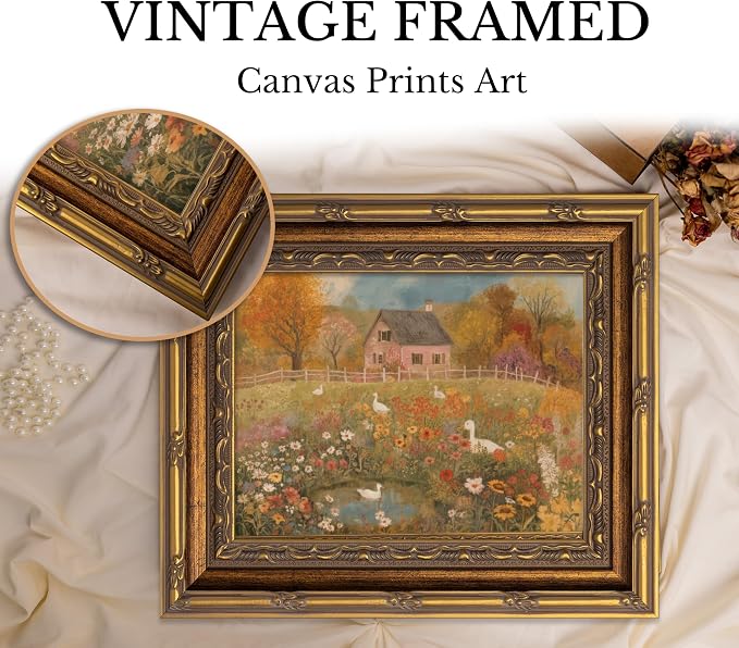 Vintage Gold Framed Autumn Country Cottage with Ducks Wall Art, Rustic Farmhouse Flower Garden Canvas Prints, Retro Fall Farm Scene Painting Poster Artwork for Living Room Kitchen Wall Decor,16X24in