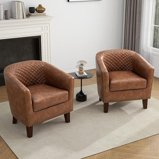 UIXE PU Leather Barrel Accent Chairs Set of 2, Modern Upholstered Armchair Round Club Chair for Living Room, Comfy Nailed Trim Arm Chair Bedroom Side Reading Seat - Brown