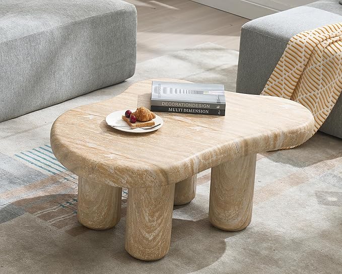 Modern Stone Cloud Coffee Table - Accent Organic-Shaped Tabletop with Marble Finish, Cloud Sofa Center Table for Living Room/Bedroom/Office (Onyx White)