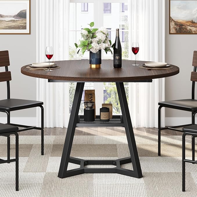 knoworld 43" Round Dining Table for 4, Kitchen Tables Dining Room Circle Dinner Table with Pedestal Metal Frame, Space Saving Wood Industrial Kitchen & Dining Room Tables, Walnut 43In