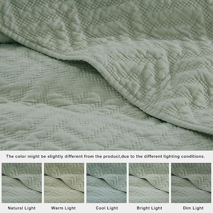 palassio Sage Green 100% Cotton Quilt King Size Bedding Sets with 2 Pillow Shams, Lightweight Textured Farmhouse Country Bedspread Soft Shabby Chic Patterned Coverlet for All Season, 3 Pieces