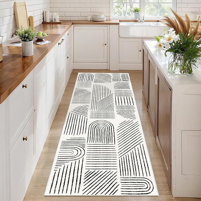 MUJOO 2x6 Runner Rug Washable,Mid Century Modern Abstract Non Slip Low Pile Runner Rug,White and Black Rug for Hallway Kitchen Entryway