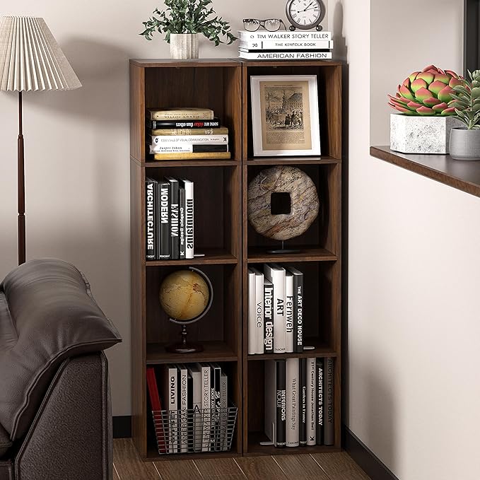 4Cube Storage Organizer, 4 Tier Cube Low Bookcase Freestanding Storage Display Organizer, Three-Cubes Open Shelf Bookshelf for Home Office (Dark Brown,Black Walnut, 4-Cube)