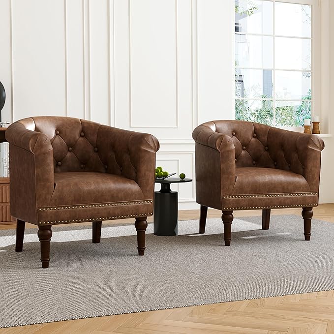 Accent Chair, Upholstered Faux Leather Barrel Chair with Nailed Trim, Comfy Club Armchair for Reading Living Room Bedroom Waiting Room (Rust, Set of 1)