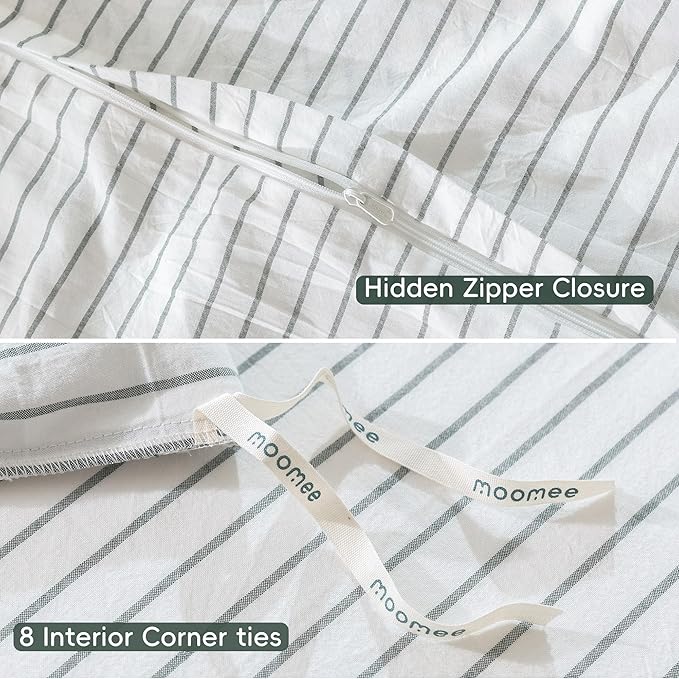 MooMee Striped Duvet Cover Set 100% Washed Cotton Linen Like Textured Breathable Durable Soft Comfy (White Heathered Green Wide Stripes, Oversized Queen 98"x98")