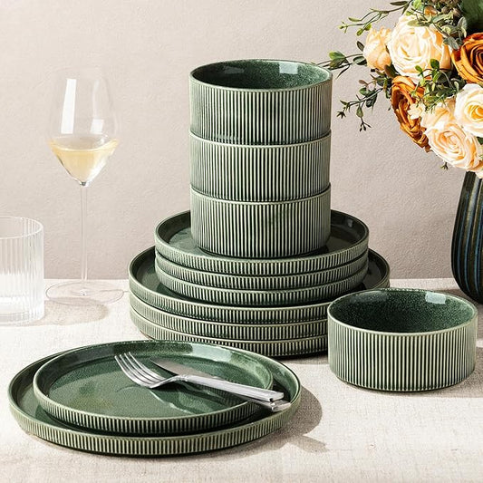 GBHOME 12-Piece Stoneware Dinnerware Set for 4 – Ribbed Ceramic Plates and Bowls, Scratch-Resistant, Microwave & Dishwasher Safe, Reactive Glaze, Dark Green