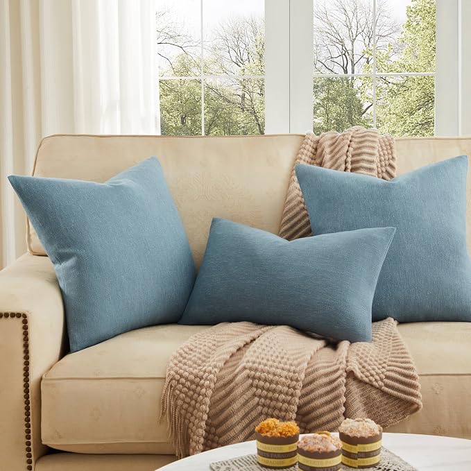 ZeeMart Rustic Cotton Linen Throw Pillow Covers Set of 2, 20x20 Inch River Blue, Farmhouse Style Decorative Couch Pillow Cases Cushion Covers for Sofa Bed Living Room Home Decor