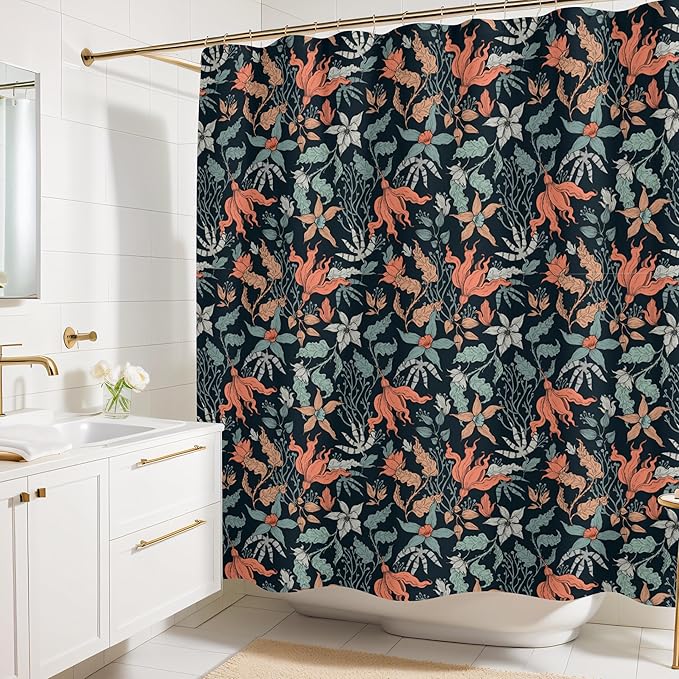 Dark Coral Floral Print Shower Curtain - Moody Modern Black Flowers Pattern - Modern Home Decor - Vintage Botanical Style Cool Fabric Shower Curtain For Any Bathroom - 72x72 Inches (Dark Floral)