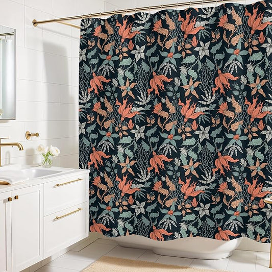 Dark Coral Floral Print Shower Curtain - Moody Modern Black Flowers Pattern - Modern Home Decor - Vintage Botanical Style Cool Fabric Shower Curtain For Any Bathroom - 72x72 Inches (Dark Floral)