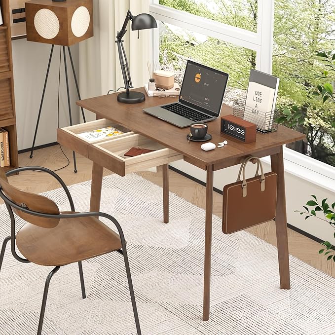 Solid Wood Desk with Drawers - 39 x 16 Inch Modern Narrow Desks, Rubber Wood Study Table, Small Writing Desk for Small Spaces|Bedroom - Black Desks