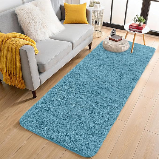 OLANLY 2x6 Machine Washable Runner Rugs for Hallway, Soft Fluffy Shaggy Bedside Rugs for Bedroom, Living Room, Indoor Floor Carpet for Kids Girls and Boys, Home Decor Aesthetic, Slate Blue