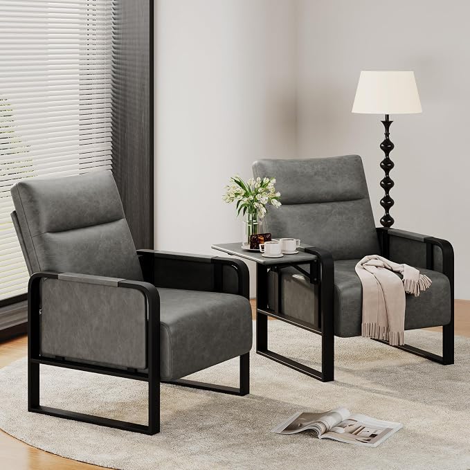 Upholstered Living Room Chair Armchair, Mid Century Faux Leather Metal Accent Chair, Reception Couch Office Guest Chair Slipper Club Lounge Single Sofa with Sidetable for Bedroom-Grey
