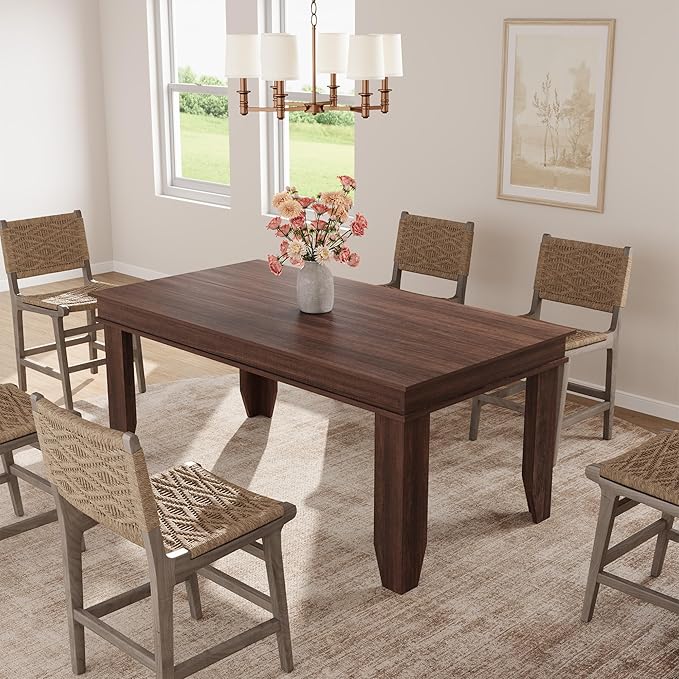GarveeHome Farmhouse Dining Table for 4-6 People, 63 in Long Kitchen Tables with Wooden Sturdy Frame, 5 ft Large Rectangular Dinner Table for Dining Room, Kitchen, Black, Brown Non-extendable