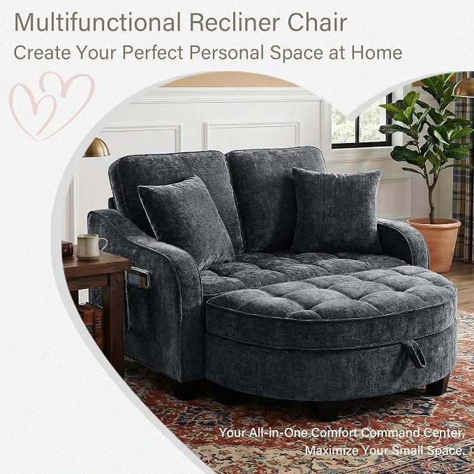 Round Chaise Lounge Chair with Storage Ottoman, Oversized Bubble Chair and a Half Featuring Adjustable Backrest, Plush Reading Accent Chair and Ottoman Set for Bedroom, Matte Black