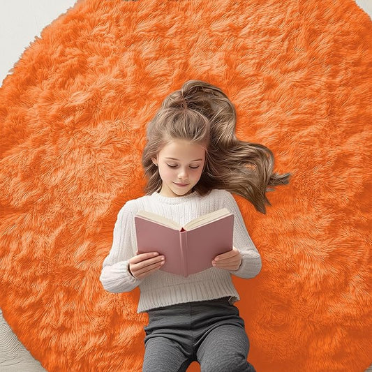 OLANLY Orange Round Rugs for Bedroom - Machine Washable, 5 ft Circle Area Rugs for Living Room, Soft and Fluffy Shaggy Carpet for Teen Girl and Boys, Nursery Rooms, Dorms, Home Decor Aesthetic