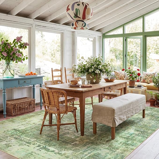 Kokia Abstract Green Area Rugs 9x12 Bedroom Washable Decor Low Pile Non-Slip Non-Shedding Indoor Carpet Foldable Stain Resistant Floor Mat Living Room Dining Room, Sage Green