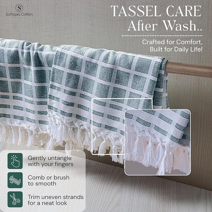 Matrix Dobby Kitchen Towels 12 Pack, 100% Cotton, 16x26 Inches, Reusable Dish Towels with Handmade Tassels, Washable Absorbent Tea Cloths for Cleaning, Cooking - Forest Green, White