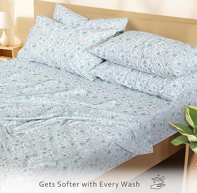 RUVANTI 100% Cotton Percale Sheets Twin XL Size 4 Piece Set, Cooling Bed Sheets for Hot Sleepers, Deep Pocket 16”, Breathable Lightweight & Durable, Crisp Hotel Style Sheets, Wildflower Nest