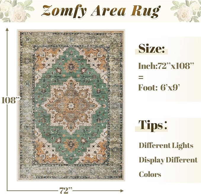 Area Rug 6x9 Vintage Rug: Washable Indoor Medallion Rugs Low Pile Distressed Floor Carpet Retro Accent Rug for Living Room Bedroom Kitchen Dining Table Home Office(Brown Green, 6'x9')