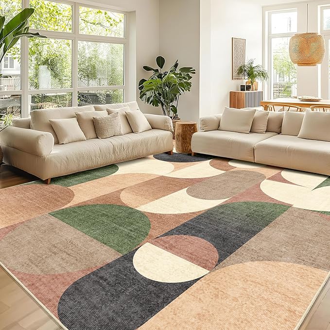 Large Modern Area Rugs 9x12 Washable Rug for Living Room Bedroom Dining Room,Retro Orange Geometric Non Slip Carpet