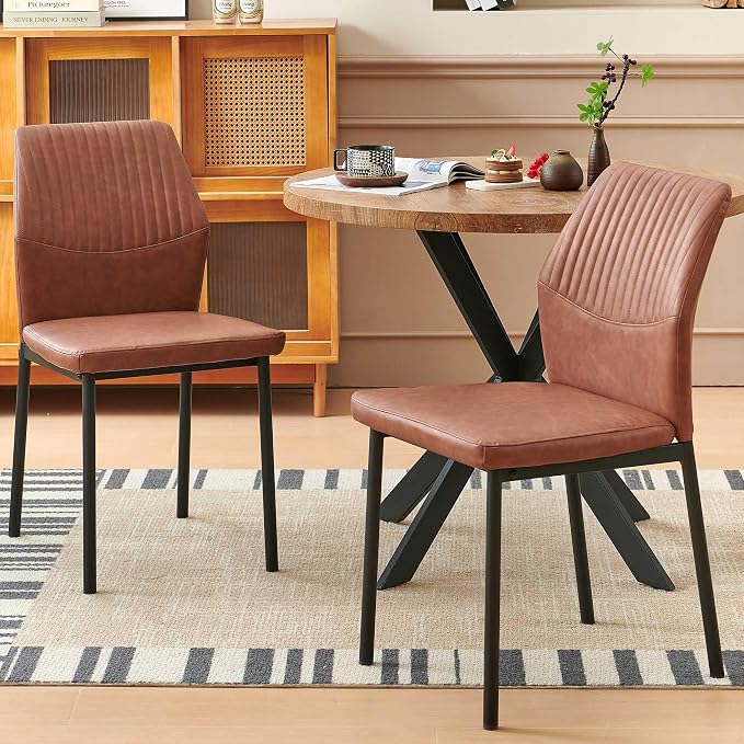 37" Round Dining Table Set for 2, Mid Century Modern Small Coffee Set for Dining Room Kitchen Apartment (Walnut Table + 2 PU Leather Brown Chairs)
