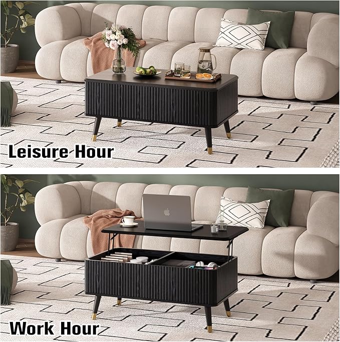 Lift Top Coffee Table with Storage, Modern Black Fluted Design, Pop-Up Center Table with Hidden Compartment for Living Room & Home Office Work/Dining