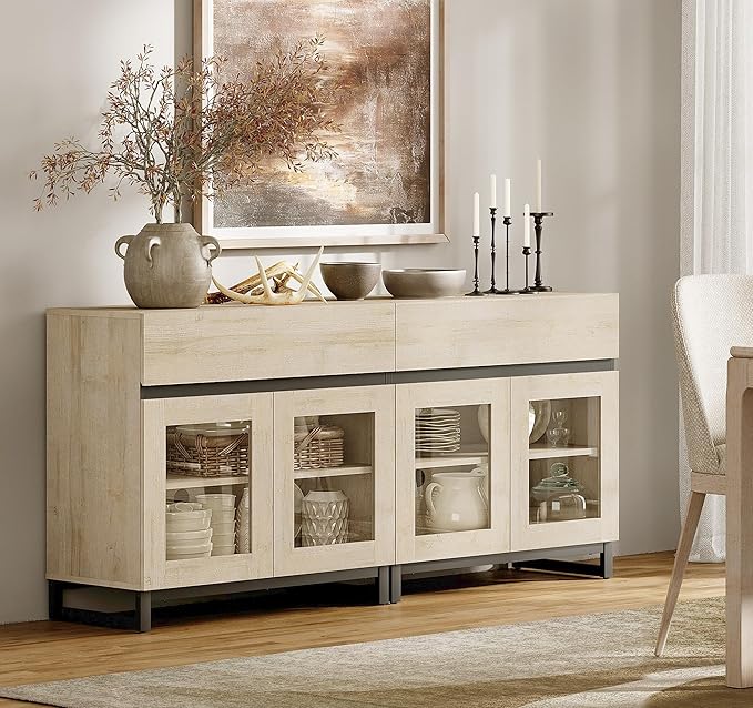 WAMPAT 63‘’ Multifunctional Sideboard Buffet Cabinets with 4 Glass Doors, Modern Sideboard Credenza, Coffee Bar Cabinet for Living Room, Kitchen, Light Oak