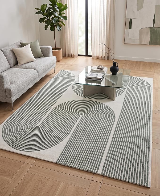 Modern Handmade Wool Area Rug, Abstract Curved Line Geometric Indoor Carpet for Living Room Bedroom, Contemporary Tufted Rug with Soft Pile and Cotton Backing (Sage Green, 3' x 5')