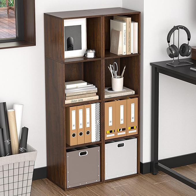 4Cube Storage Organizer, 4 Tier Cube Low Bookcase Freestanding Storage Display Organizer, Three-Cubes Open Shelf Bookshelf for Home Office (Dark Brown,Black Walnut, 4-Cube)